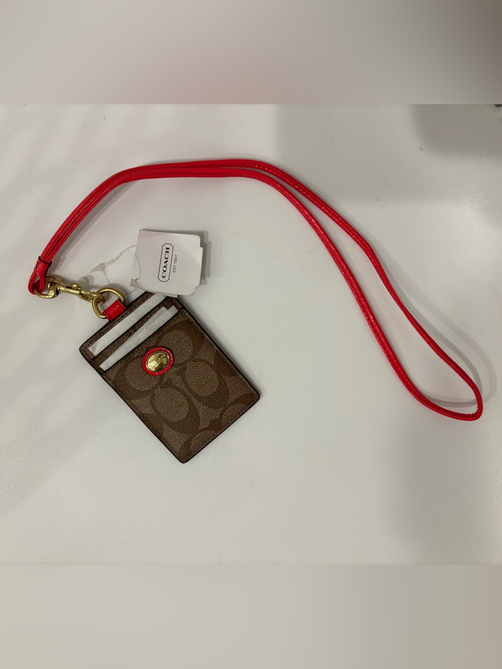 Coach Khaki Signature Card Holder with Persimmon Patent Lanyard